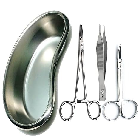 Alis Surgical Instrument CE Needle Holder, Adsion Forceps, Iris Scissor With Kidney Tray 8" | Suture Set & Kidney Tray (Kidney Tray with Suturing Set), stainless steel